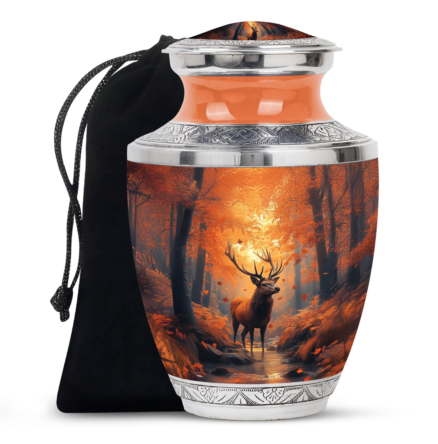 Champagne Gold Deer Cremation Urn side profile showing urn shape - modern art-inspired deer motif on sleek aluminum - full-size 10 inch 200 cubic inch adult cremation urn