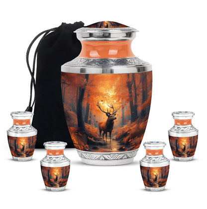Warm Gold Deer Cremation Urn lifestyle display on memorial shelf - artistic deer interpretation with creative detail - memorial set with one large and four small urns