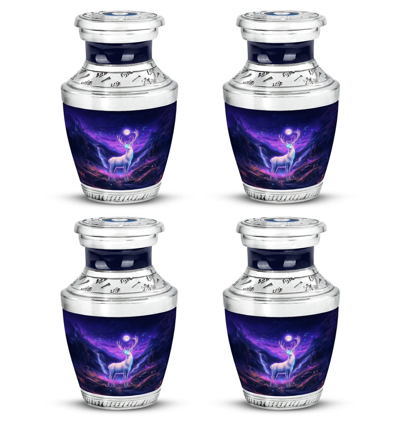 Serene Blue Deer Cremation Urn back view with polished surface - artistic deer interpretation with creative detail - 10 inch aluminum urn for cremated remains