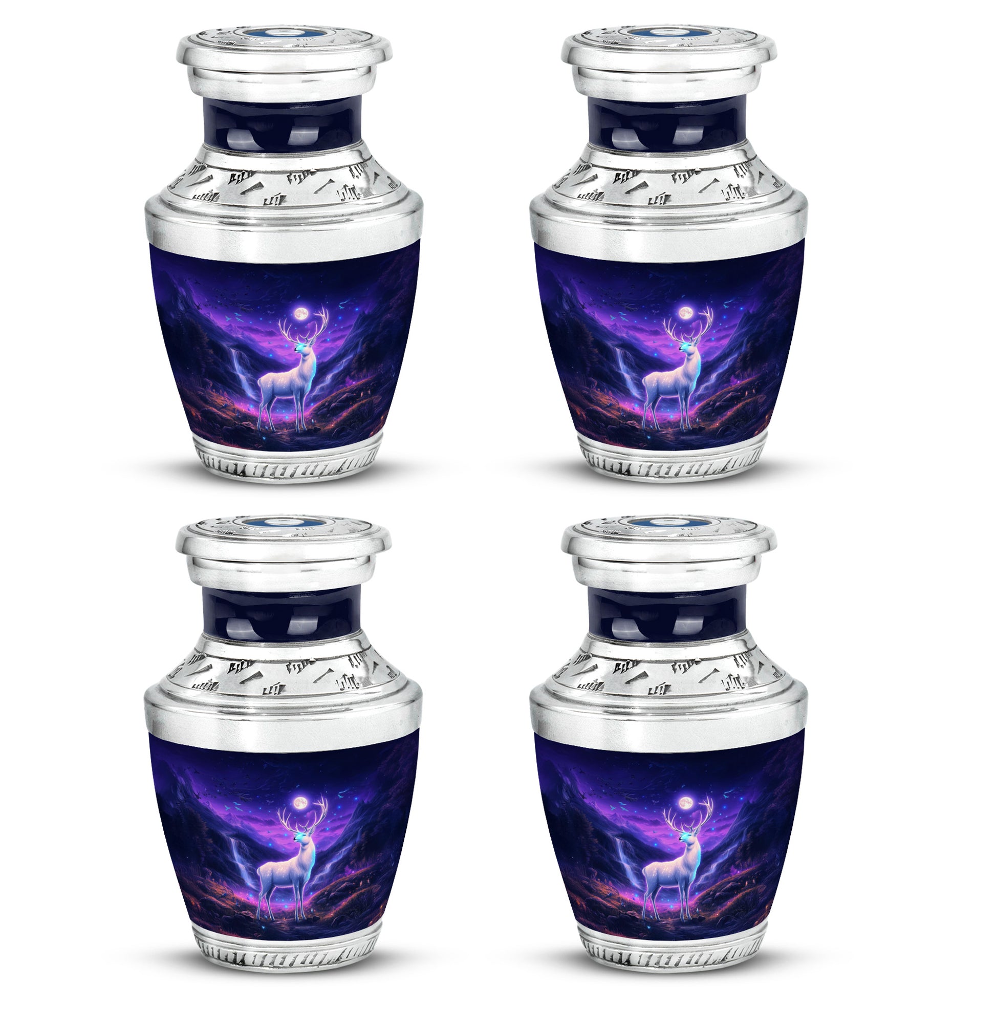 Serene Blue Deer Cremation Urn back view with polished surface - artistic deer interpretation with creative detail - 10 inch aluminum urn for cremated remains