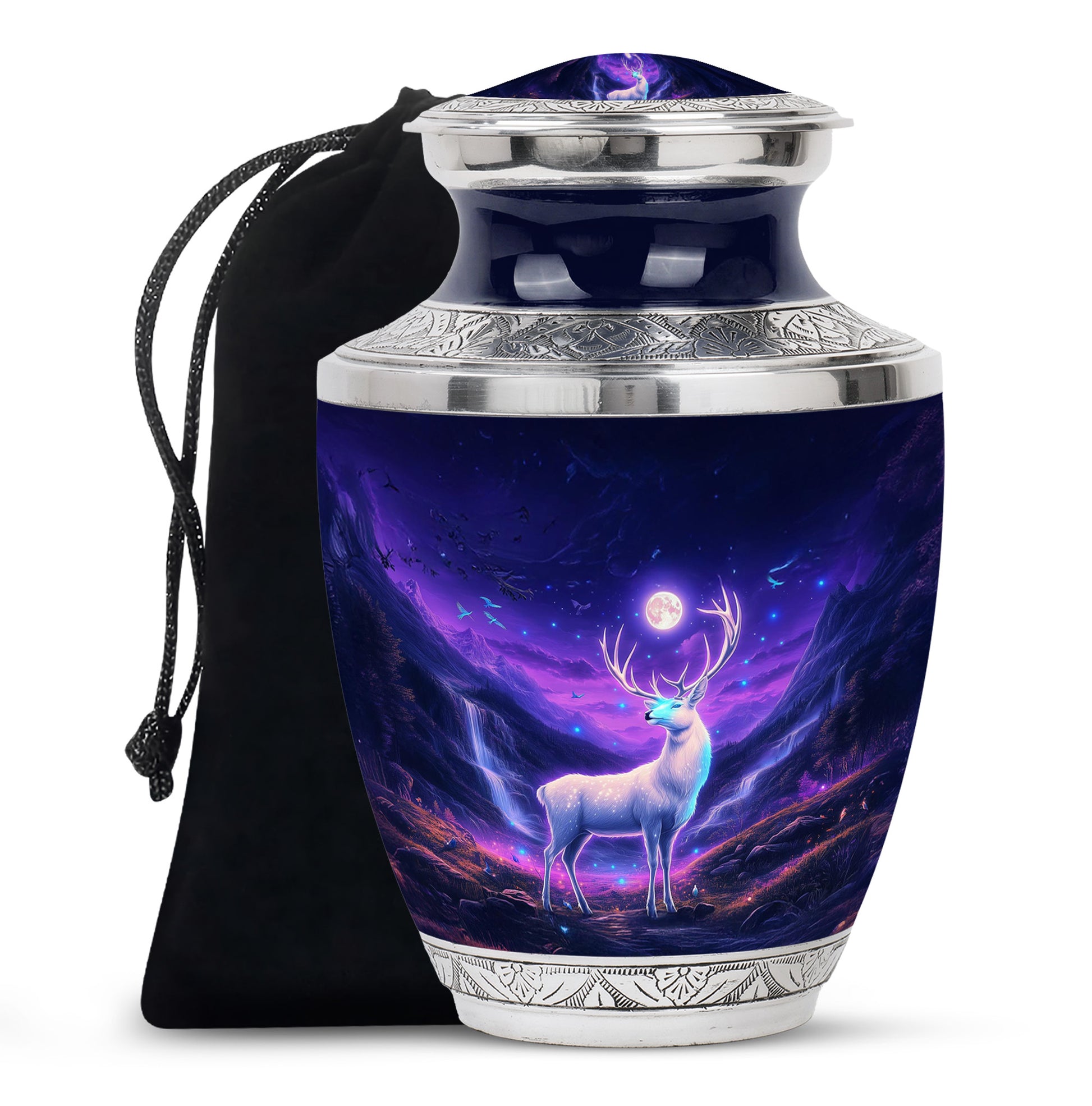 Celestial Blue Deer Cremation Urn side profile showing urn shape - modern art-inspired deer motif on sleek aluminum - full-size 10 inch 200 cubic inch adult cremation urn