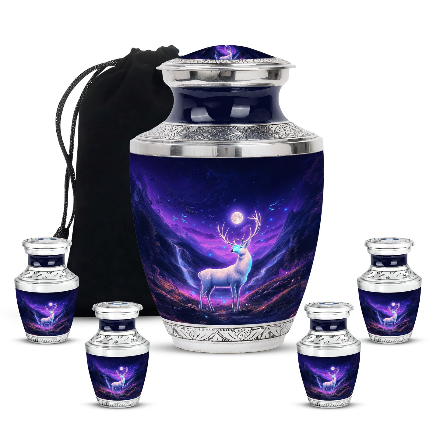 Azure Deer Cremation Urn lifestyle display on memorial shelf - contemporary deer design with modern artistic flair - memorial set with one large and four small urns