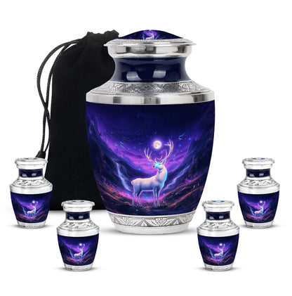Azure Deer Cremation Urn lifestyle display on memorial shelf - contemporary deer design with modern artistic flair - memorial set with one large and four small urns