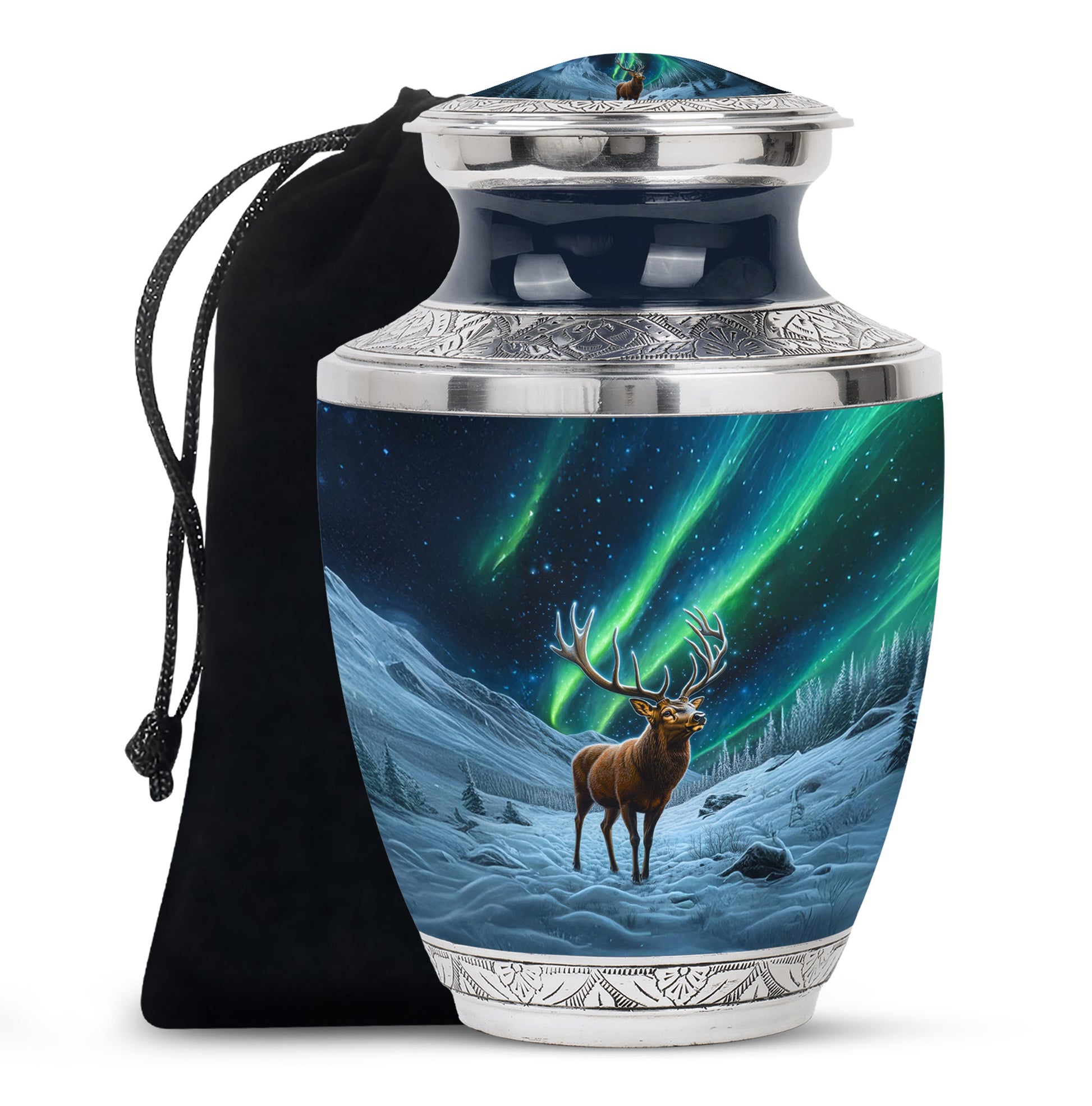 Deep Black Deer Cremation Urn side profile showing urn shape - contemporary deer design with modern artistic flair - full-size 10 inch 200 cubic inch adult cremation urn