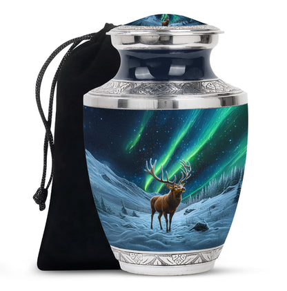 Deep Black Deer Cremation Urn side profile showing urn shape - contemporary deer design with modern artistic flair - full-size 10 inch 200 cubic inch adult cremation urn