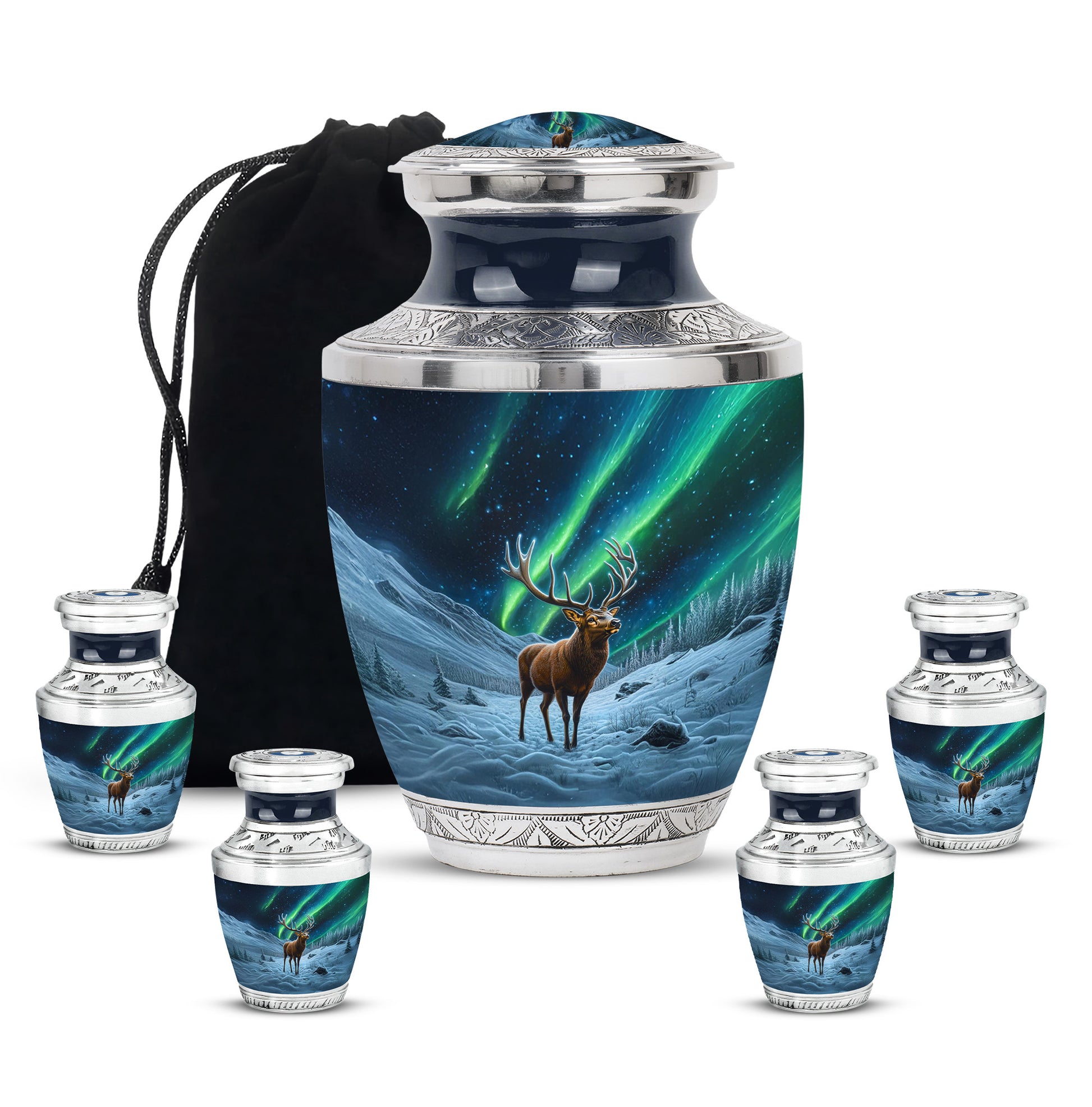 Ebony Deer Cremation Urn lifestyle display on memorial shelf - contemporary deer design with modern artistic flair - memorial set with one large and four small urns