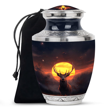 Vintage Pink Deer Cremation Urn side profile showing urn shape - stylized abstract deer pattern with bold lines - full-size 10 inch 200 cubic inch adult cremation urn