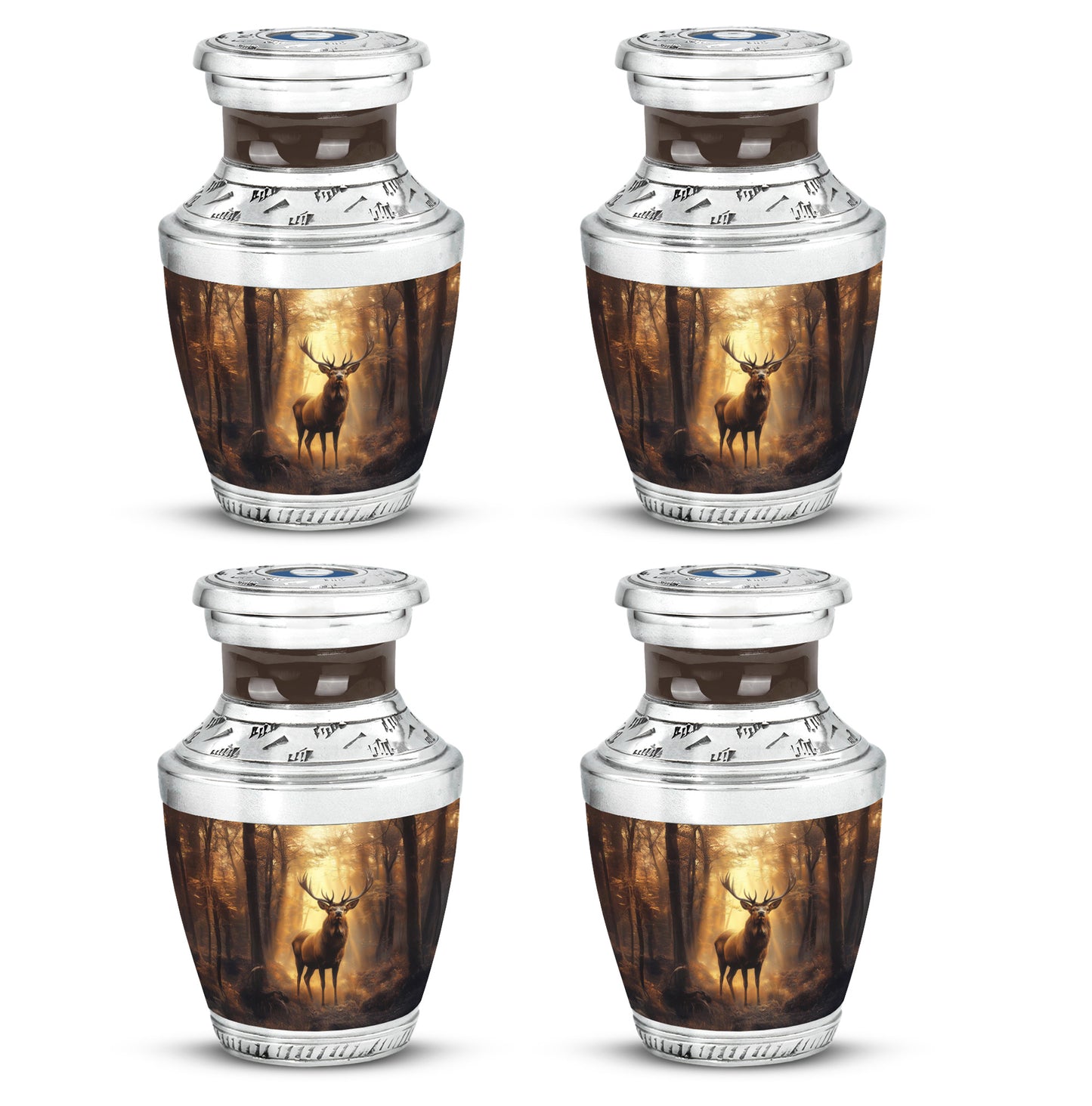 Antique Gold Deer Cremation Urn back view with polished surface - modern art-inspired deer motif on sleek aluminum - 10 inch aluminum urn for cremated remains