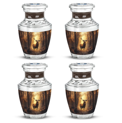Antique Gold Deer Cremation Urn back view with polished surface - modern art-inspired deer motif on sleek aluminum - 10 inch aluminum urn for cremated remains