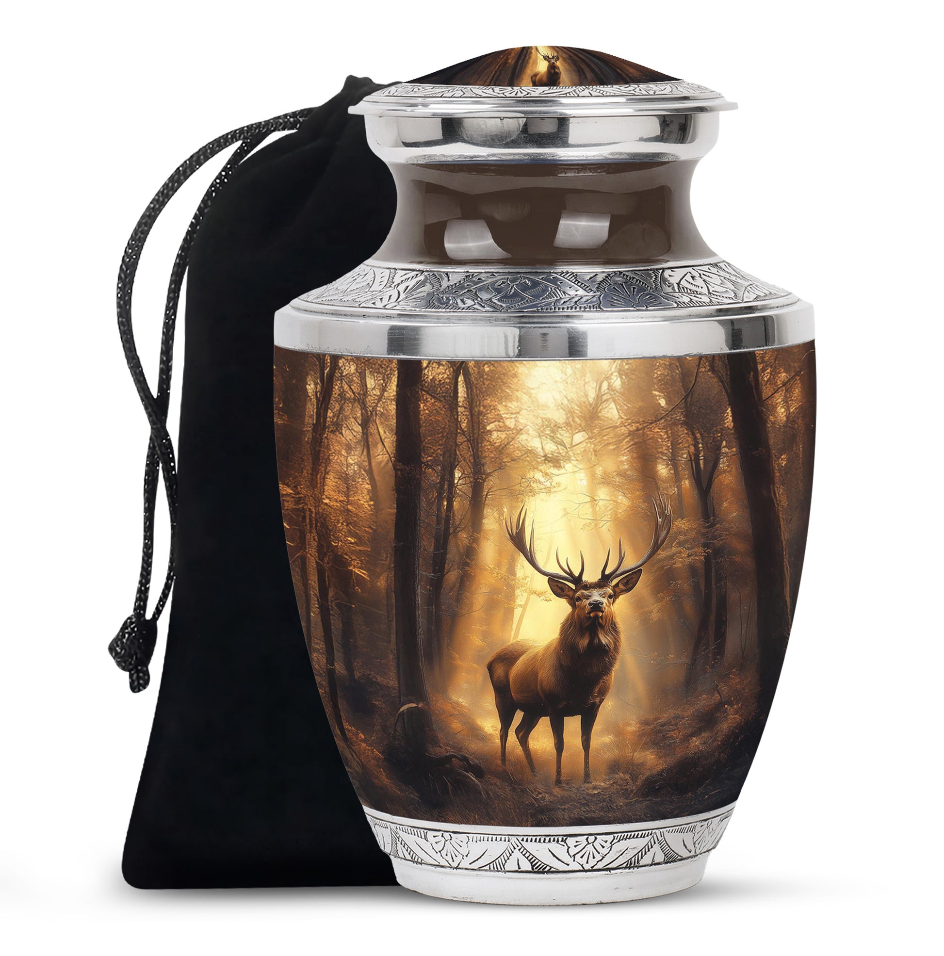 Burnished Gold Deer Cremation Urn side profile showing urn shape - stylized abstract deer pattern with bold lines - full-size 10 inch 200 cubic inch adult cremation urn