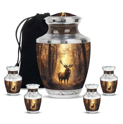 Gilded Gold Deer Cremation Urn lifestyle display on memorial shelf - modern art-inspired deer motif on sleek aluminum - memorial set with one large and four small urns