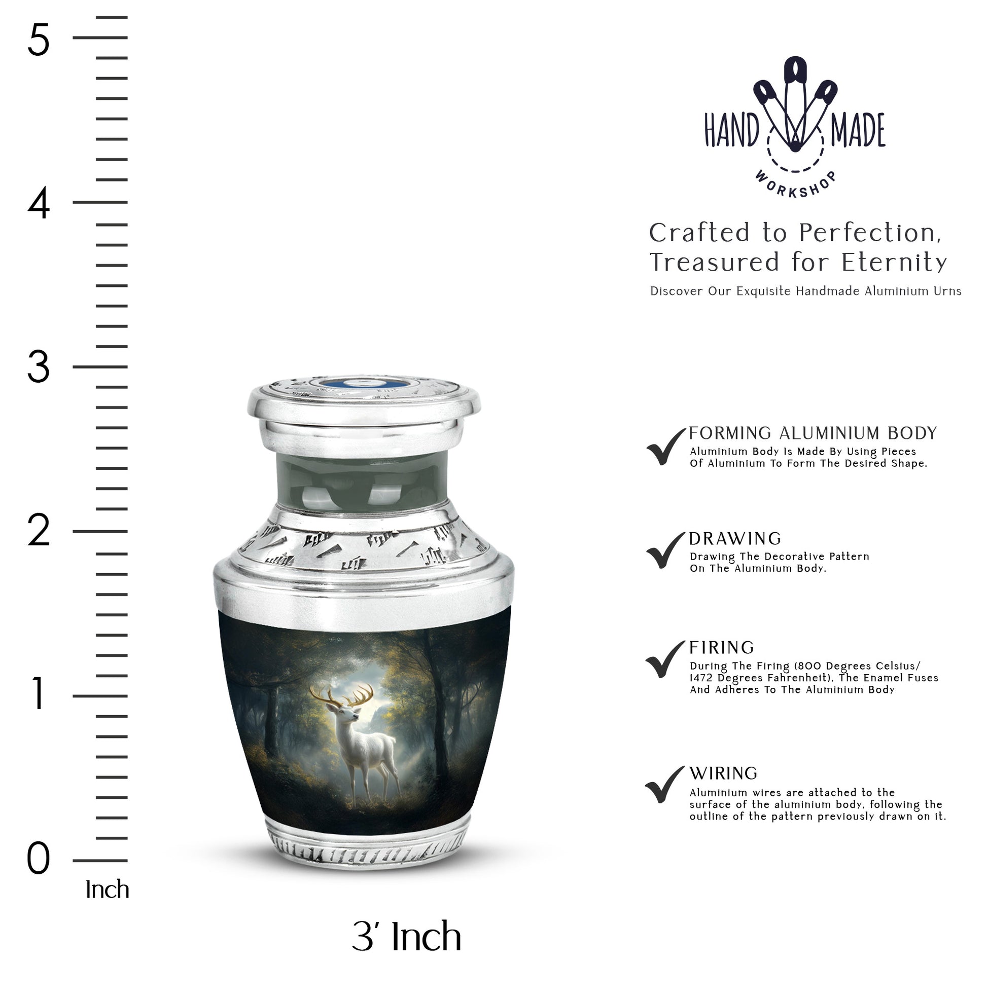 Obsidian Black Deer Cremation Urn top-down view of secure threaded lid - stylized abstract deer pattern with bold lines - mini keepsake memorial for portion of cremation ashes