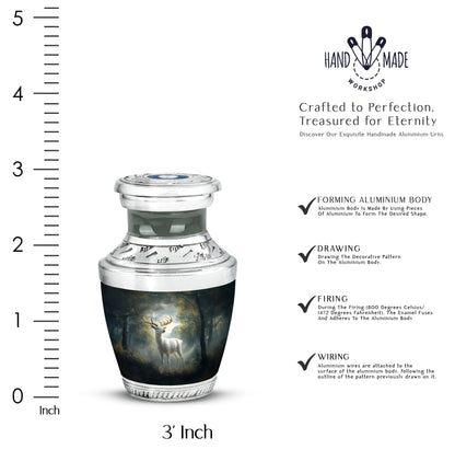 Obsidian Black Deer Cremation Urn top-down view of secure threaded lid - stylized abstract deer pattern with bold lines - mini keepsake memorial for portion of cremation ashes