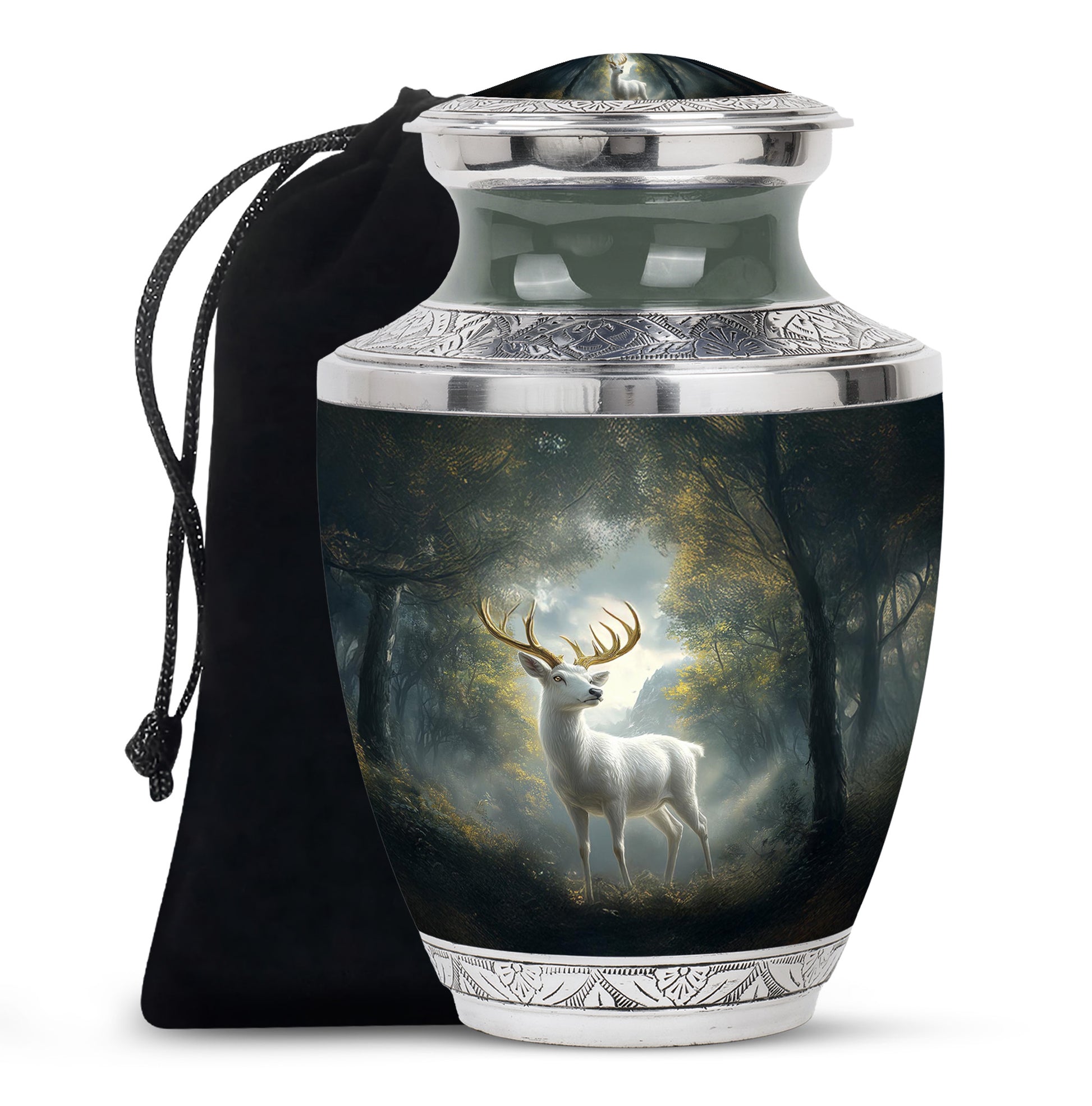 Obsidian Black Deer Cremation Urn side profile showing urn shape - artistic deer interpretation with creative detail - full-size 10 inch 200 cubic inch adult cremation urn
