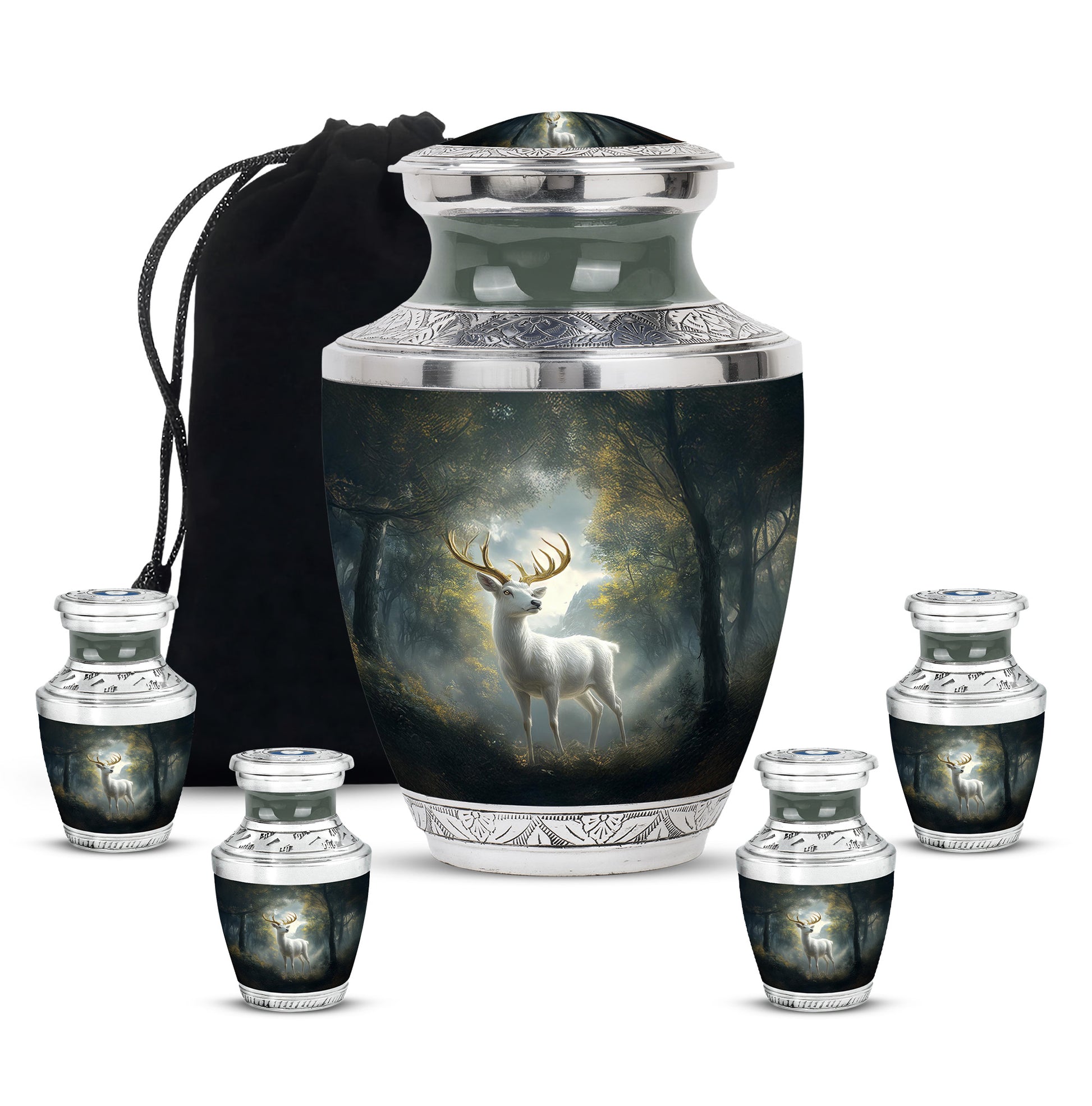 Dark Black Deer Cremation Urn lifestyle display on memorial shelf - stylized abstract deer pattern with bold lines - memorial set with one large and four small urns