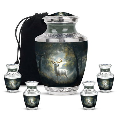 Dark Black Deer Cremation Urn lifestyle display on memorial shelf - stylized abstract deer pattern with bold lines - memorial set with one large and four small urns