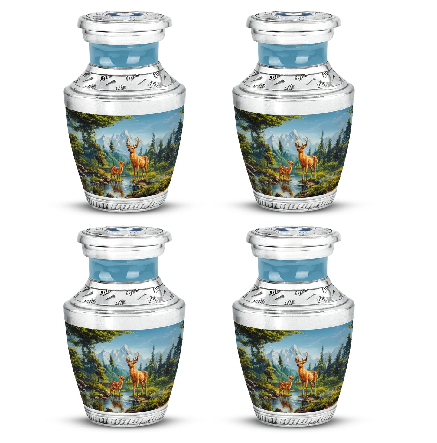 Sky Blue Deer Cremation Urn back view with polished surface - contemporary deer design with modern artistic flair - 10 inch aluminum urn for cremated remains