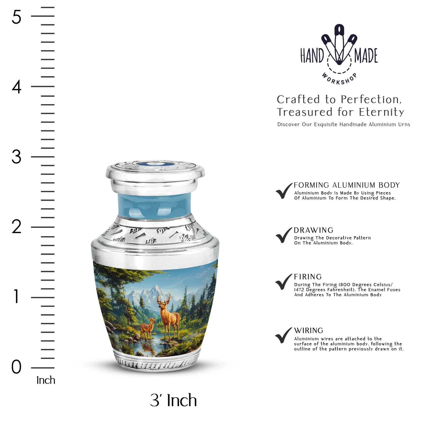 Powder Blue Deer Cremation Urn top-down view of secure threaded lid - contemporary deer design with modern artistic flair - mini keepsake memorial for portion of cremation ashes