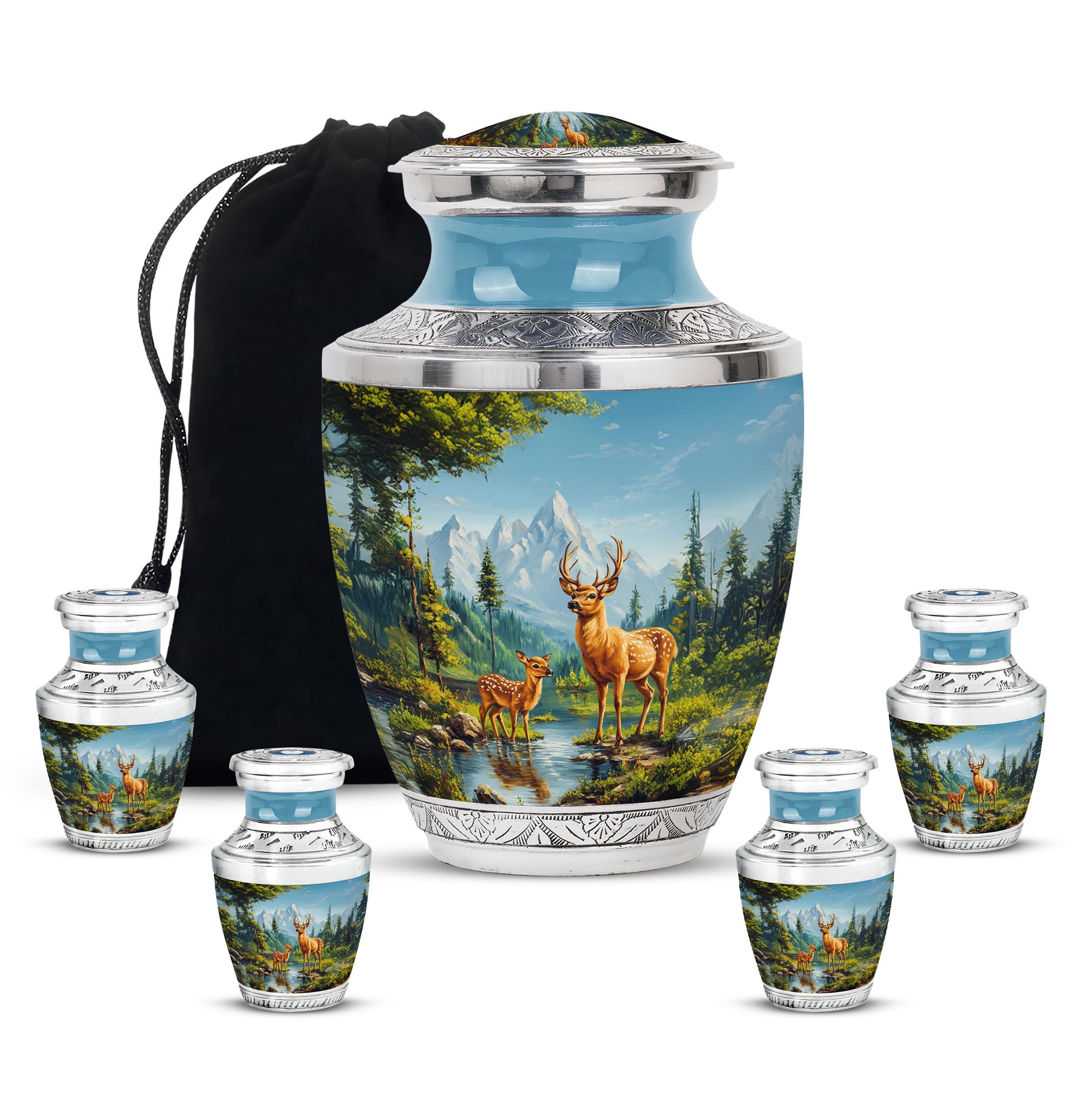 Powder Blue Deer Cremation Urn lifestyle display on memorial shelf - contemporary deer design with modern artistic flair - memorial set with one large and four small urns
