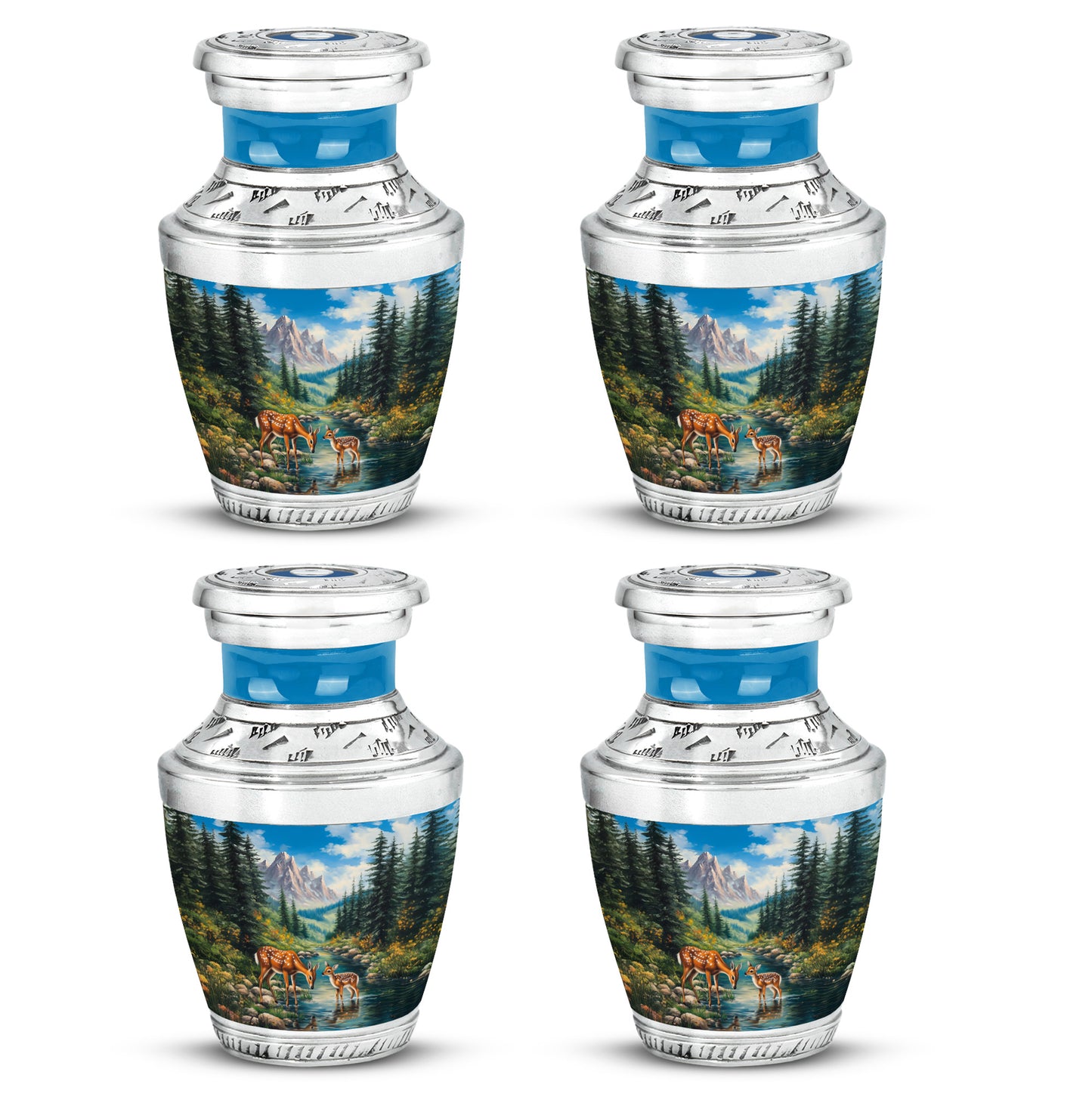 Twilight Blue Deer Cremation Urn back view with polished surface - stylized abstract deer pattern with bold lines - 10 inch aluminum urn for cremated remains