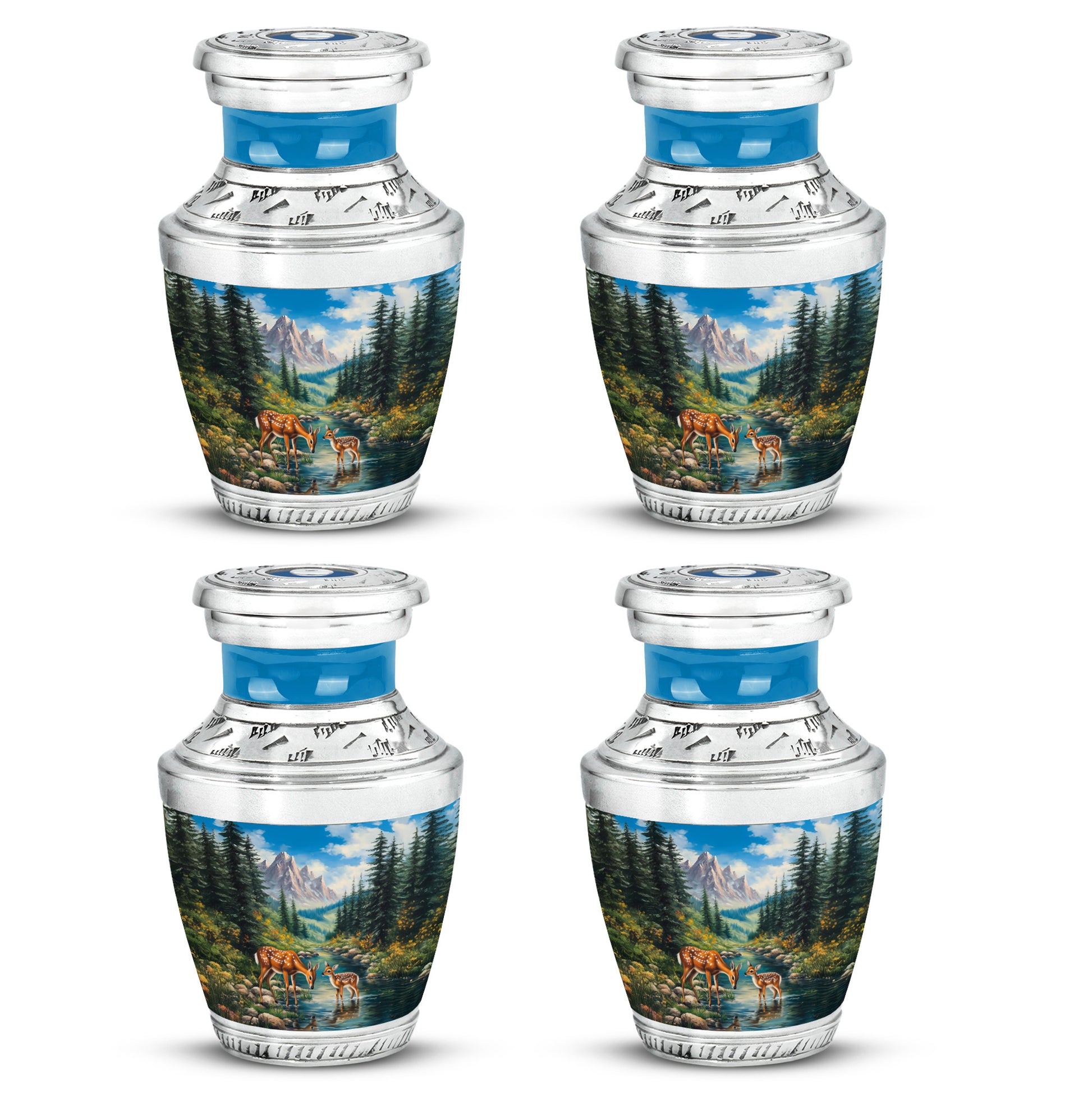 Twilight Blue Deer Cremation Urn back view with polished surface - stylized abstract deer pattern with bold lines - 10 inch aluminum urn for cremated remains