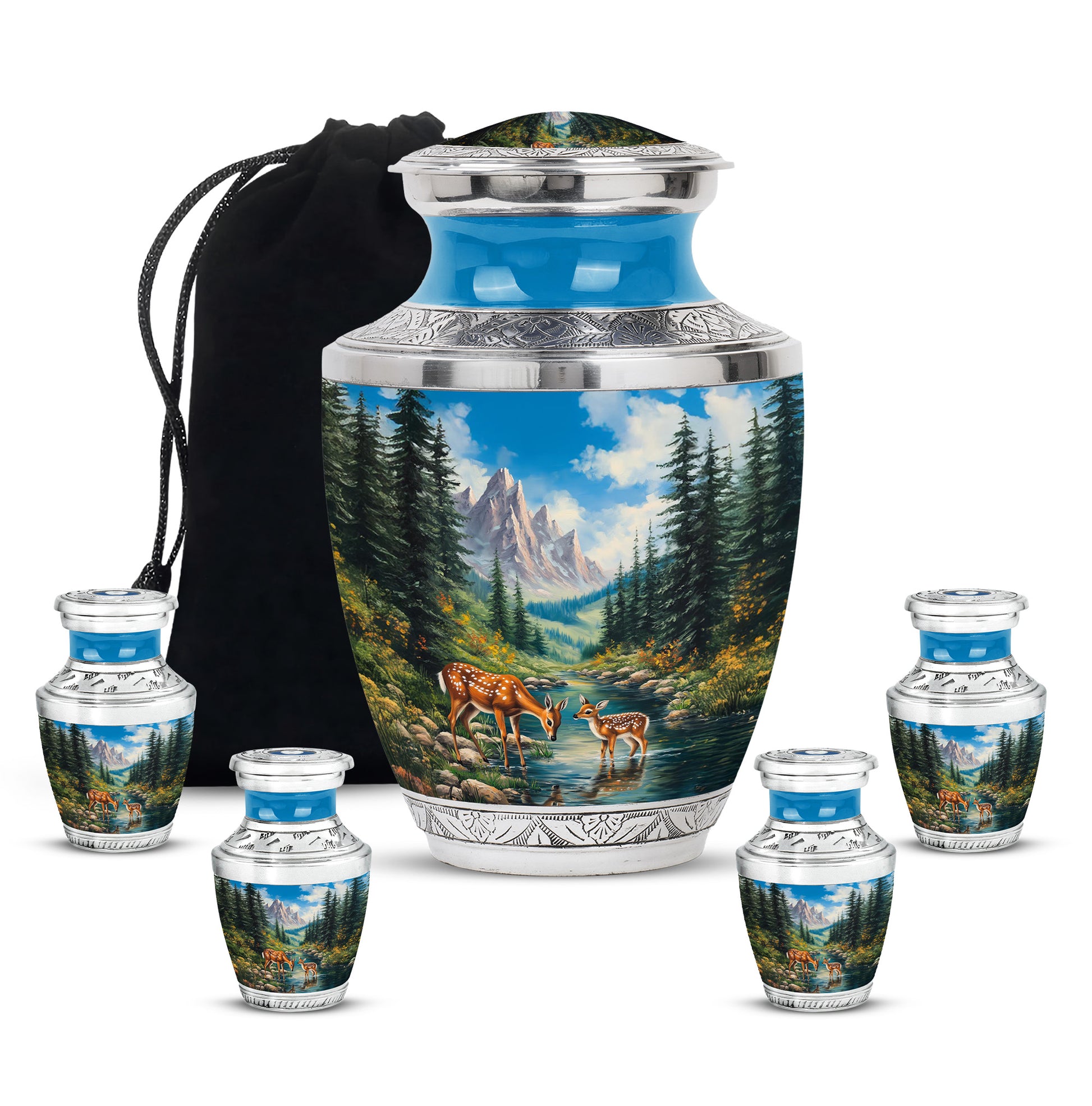 Powder Blue Deer Cremation Urn lifestyle display on memorial shelf - contemporary deer design with modern artistic flair - memorial set with one large and four small urns