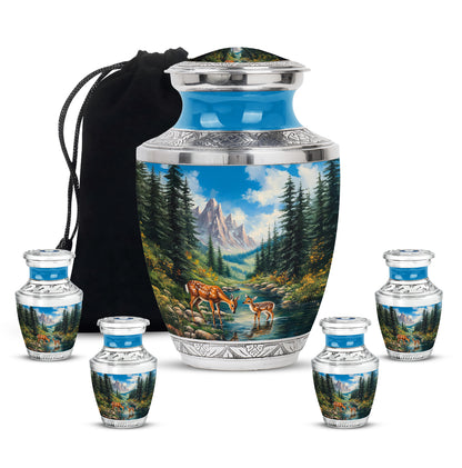 Powder Blue Deer Cremation Urn lifestyle display on memorial shelf - contemporary deer design with modern artistic flair - memorial set with one large and four small urns