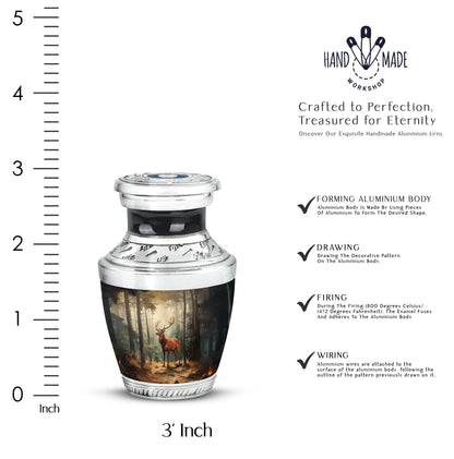 Onyx Black Deer Cremation Urn top-down view of secure threaded lid - stylized abstract deer pattern with bold lines - mini keepsake memorial for portion of cremation ashes