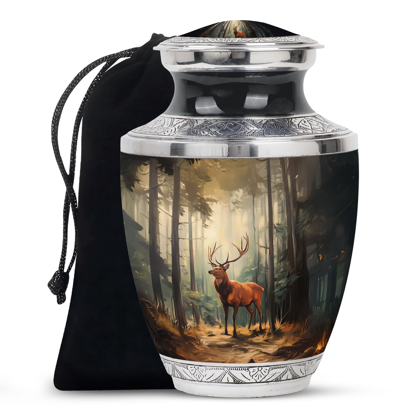 Onyx Black Deer Cremation Urn side profile showing urn shape - stylized abstract deer pattern with bold lines - full-size 10 inch 200 cubic inch adult cremation urn
