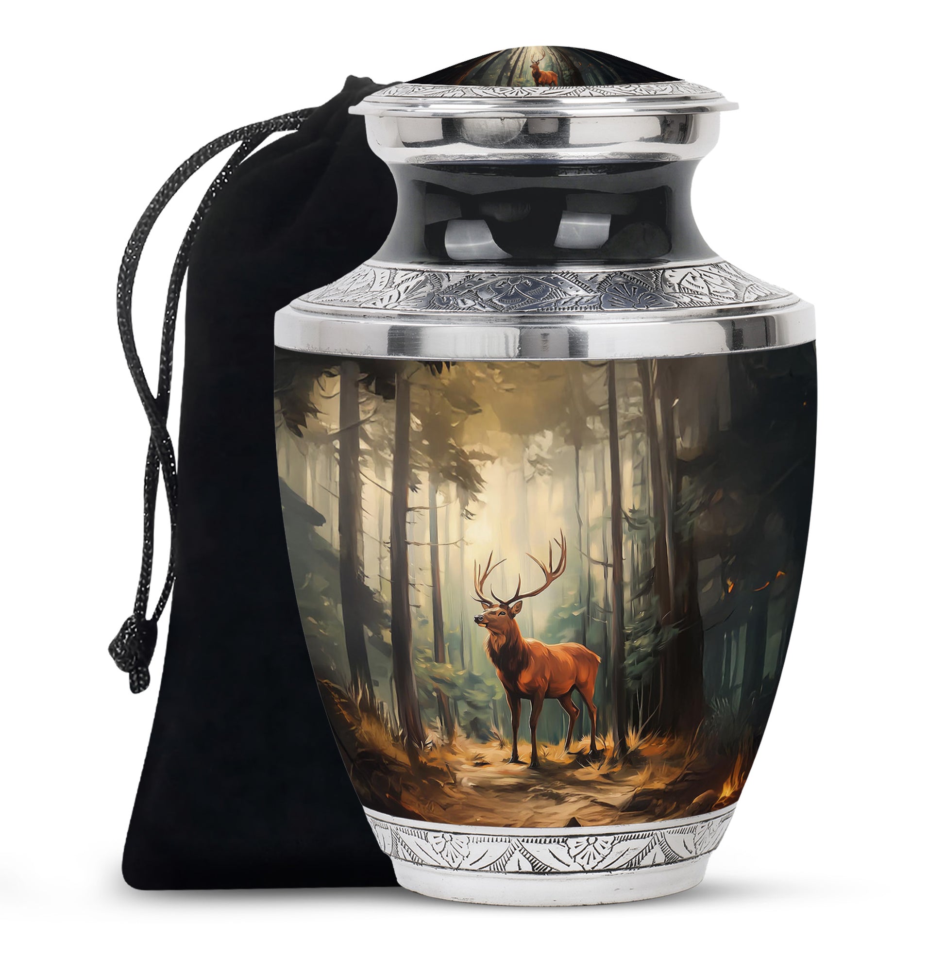 Onyx Black Deer Cremation Urn side profile showing urn shape - stylized abstract deer pattern with bold lines - full-size 10 inch 200 cubic inch adult cremation urn