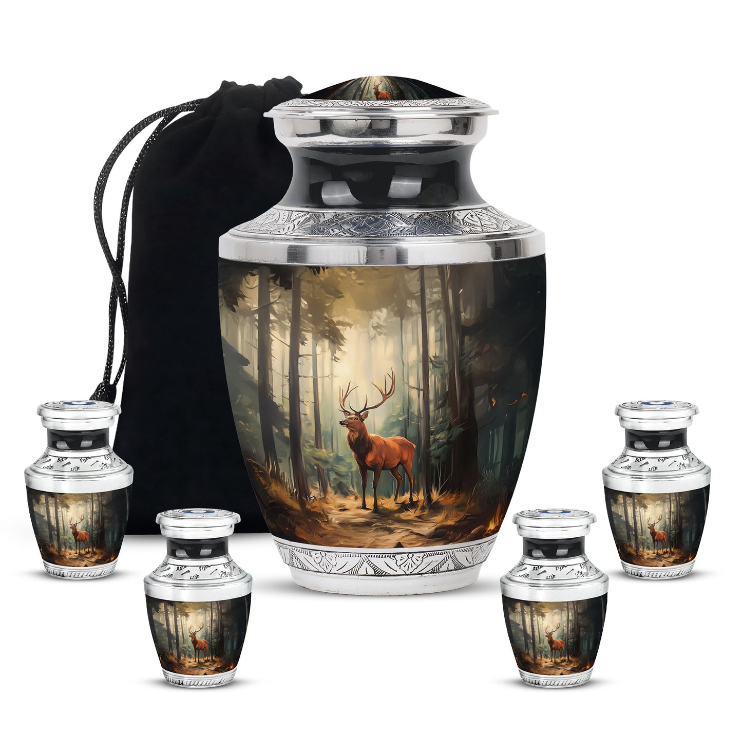 Deep Black Deer Cremation Urn lifestyle display on memorial shelf - modern art-inspired deer motif on sleek aluminum - memorial set with one large and four small urns
