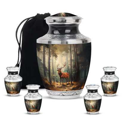 Deep Black Deer Cremation Urn lifestyle display on memorial shelf - modern art-inspired deer motif on sleek aluminum - memorial set with one large and four small urns