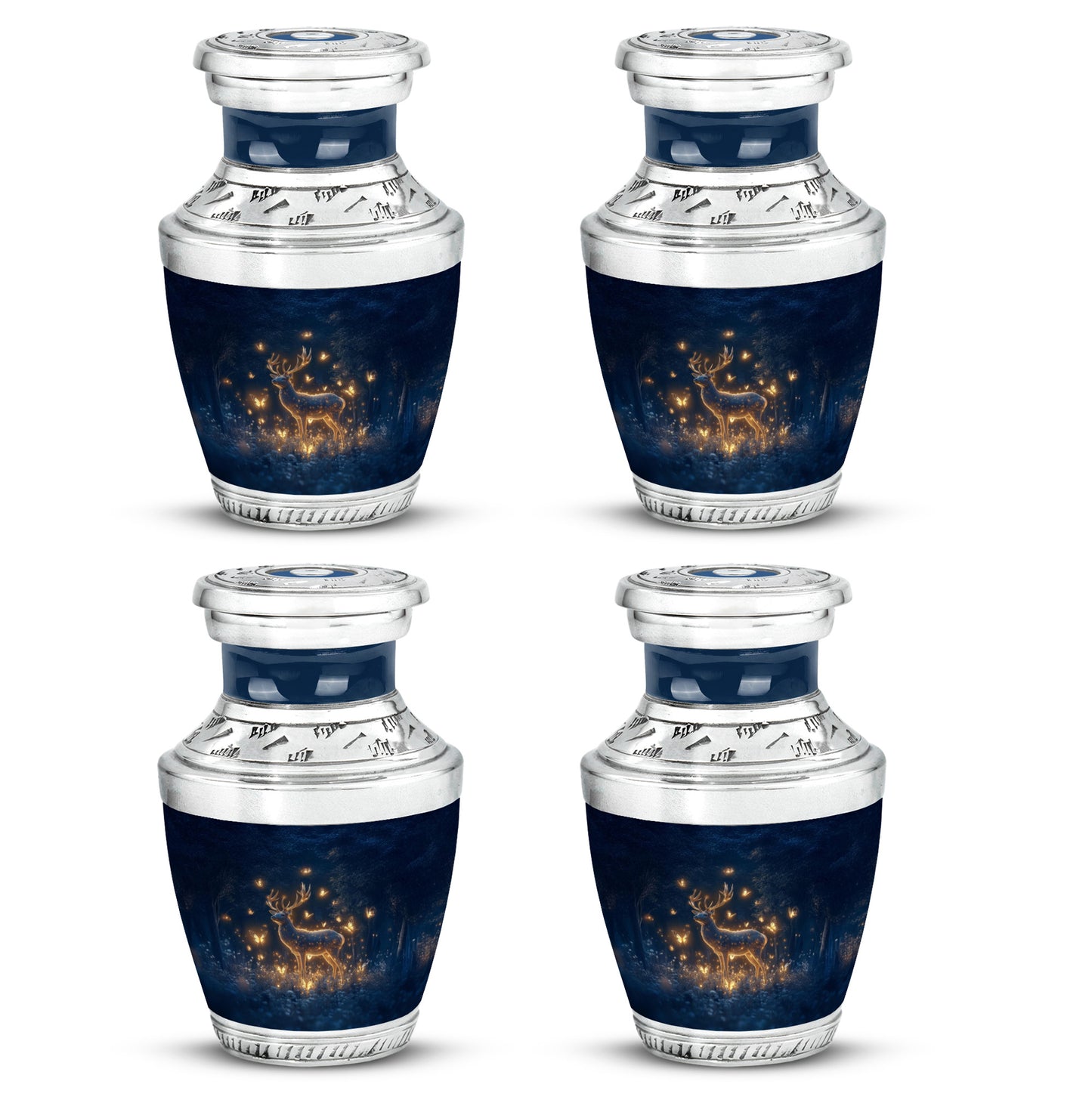 Soft Blue Deer Cremation Urn back view with polished surface - artistic deer interpretation with creative detail - 10 inch aluminum urn for cremated remains