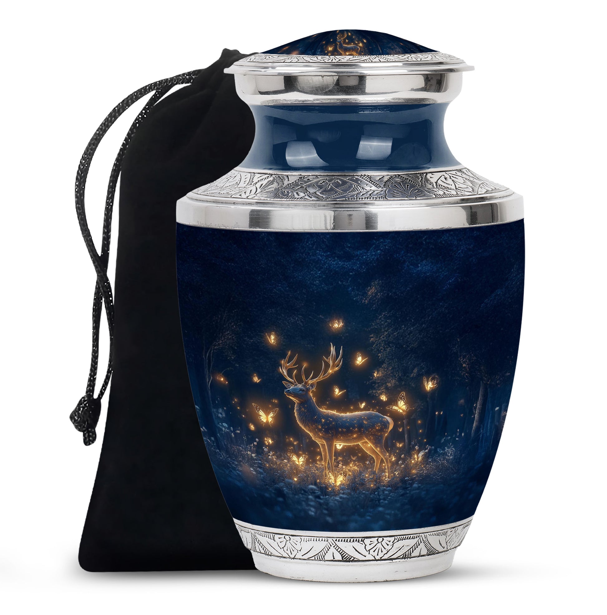 Vivid Blue Deer Cremation Urn side profile showing urn shape - stylized abstract deer pattern with bold lines - full-size 10 inch 200 cubic inch adult cremation urn