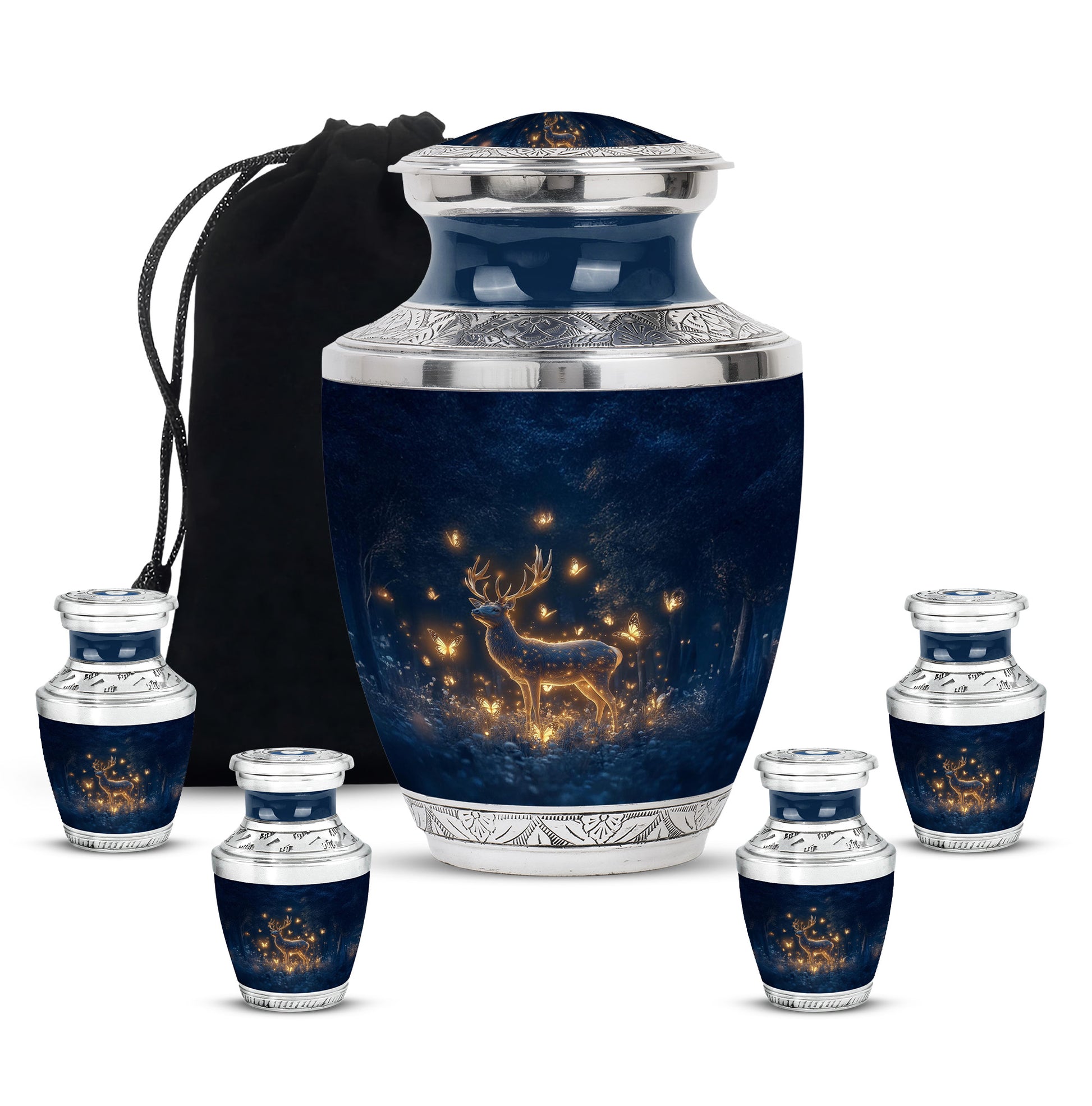 Powder Blue Deer Cremation Urn lifestyle display on memorial shelf - contemporary deer design with modern artistic flair - memorial set with one large and four small urns