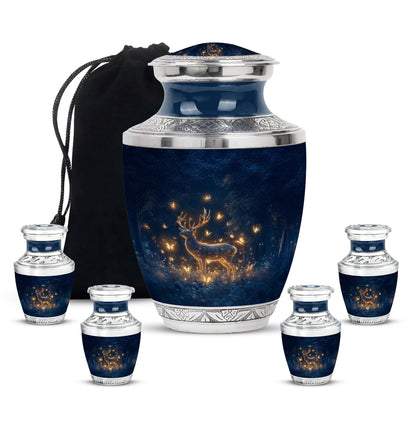Powder Blue Deer Cremation Urn lifestyle display on memorial shelf - contemporary deer design with modern artistic flair - memorial set with one large and four small urns