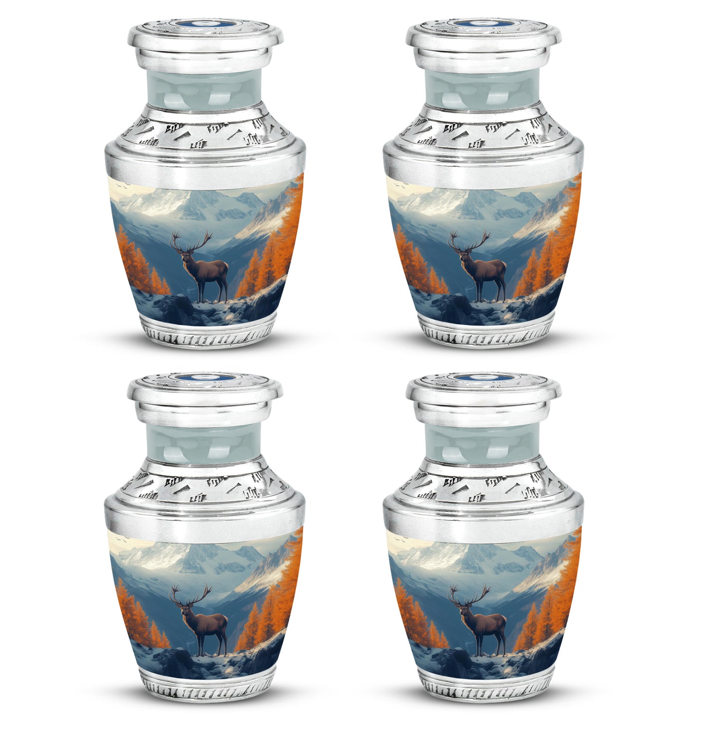 Soft Blue Deer Cremation Urn back view with polished surface - stylized abstract deer pattern with bold lines - 10 inch aluminum urn for cremated remains