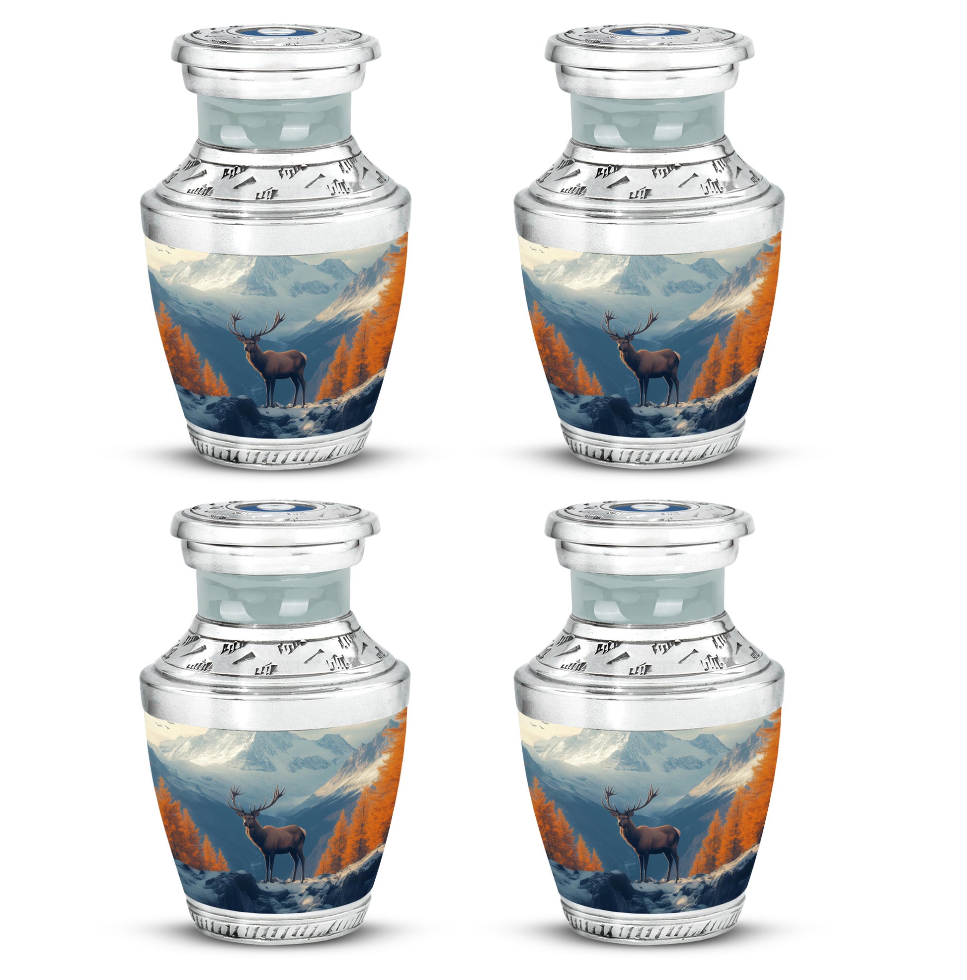 Soft Blue Deer Cremation Urn back view with polished surface - stylized abstract deer pattern with bold lines - 10 inch aluminum urn for cremated remains