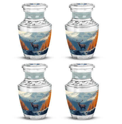 Soft Blue Deer Cremation Urn back view with polished surface - stylized abstract deer pattern with bold lines - 10 inch aluminum urn for cremated remains