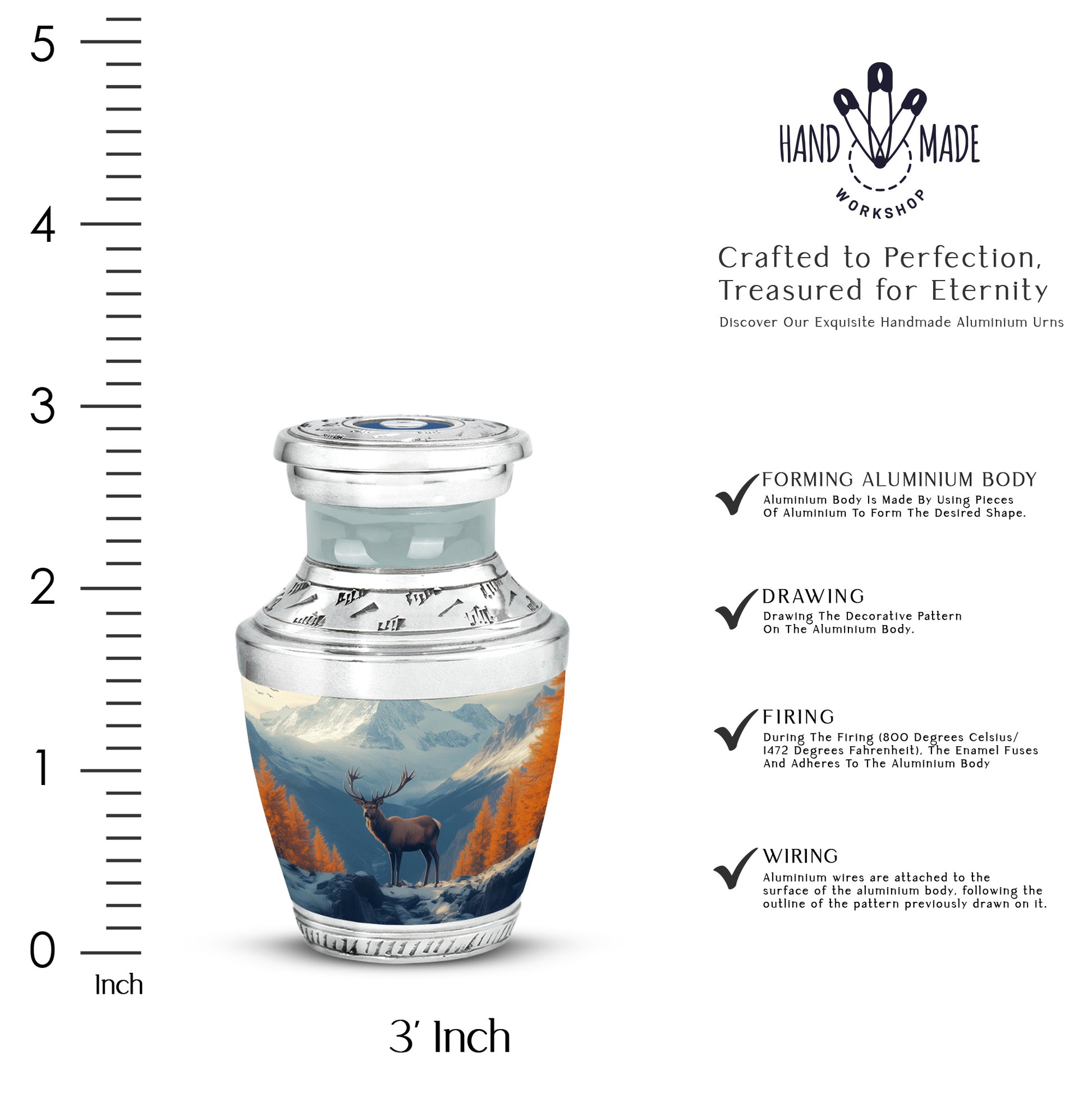 Slate Blue Deer Cremation Urn top-down view of secure threaded lid - modern art-inspired deer motif on sleek aluminum - mini keepsake memorial for portion of cremation ashes