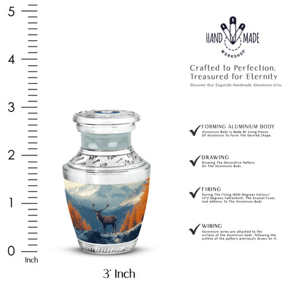 Slate Blue Deer Cremation Urn top-down view of secure threaded lid - modern art-inspired deer motif on sleek aluminum - mini keepsake memorial for portion of cremation ashes
