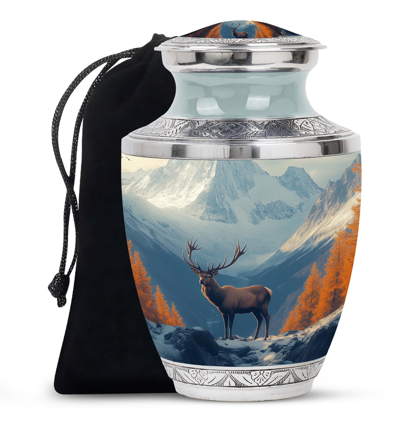 Celestial Blue Deer Cremation Urn side profile showing urn shape - contemporary deer design with modern artistic flair - full-size 10 inch 200 cubic inch adult cremation urn