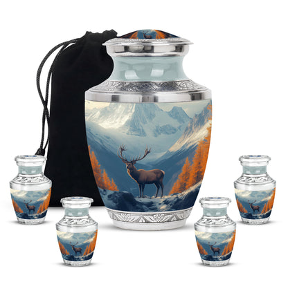 Serene Blue Deer Cremation Urn lifestyle display on memorial shelf - artistic deer interpretation with creative detail - memorial set with one large and four small urns