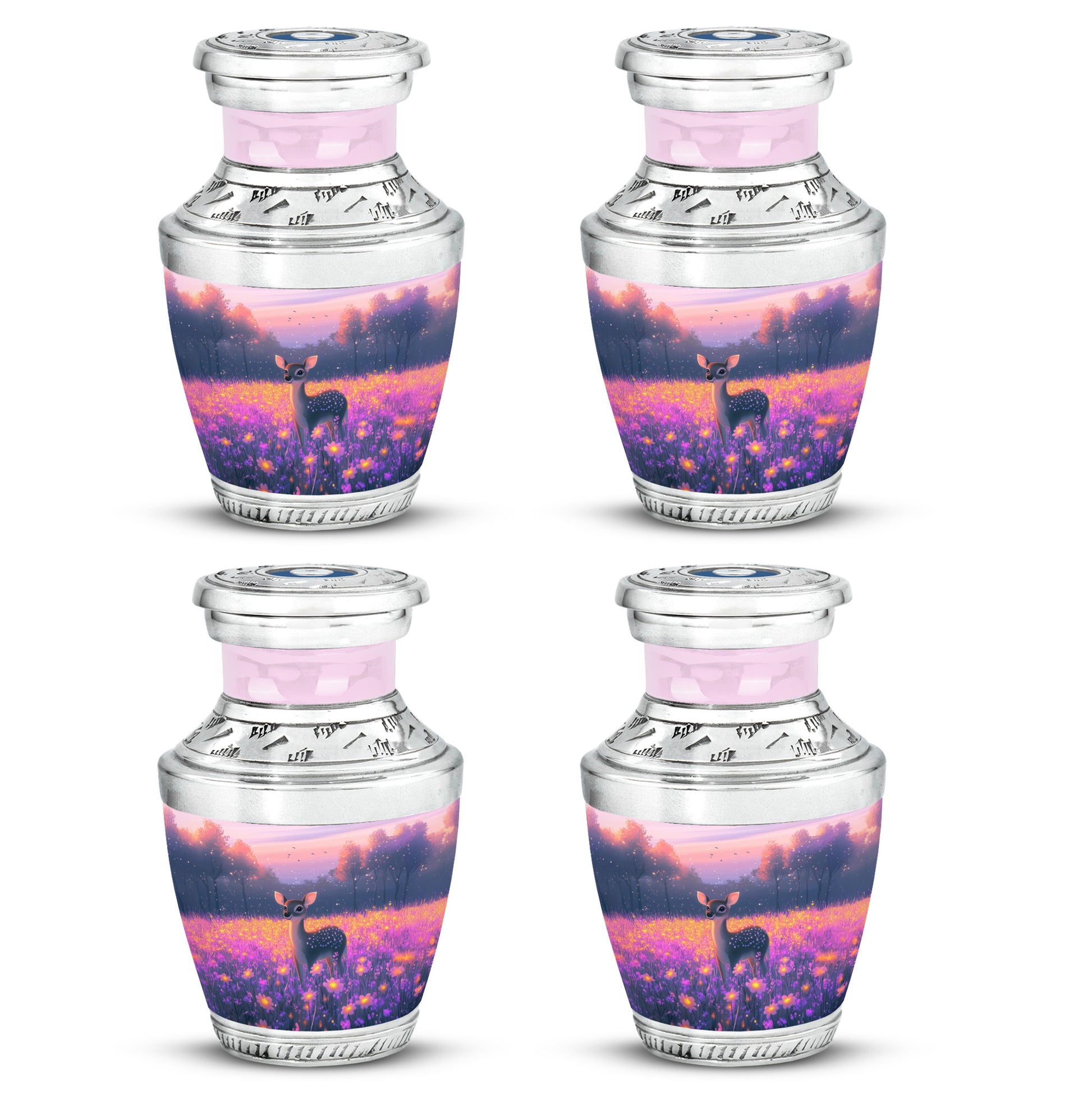 Blush Pink Deer Cremation Urn back view with polished surface - modern art-inspired deer motif on sleek aluminum - 10 inch aluminum urn for cremated remains