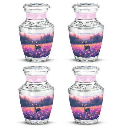 Blush Pink Deer Cremation Urn back view with polished surface - modern art-inspired deer motif on sleek aluminum - 10 inch aluminum urn for cremated remains