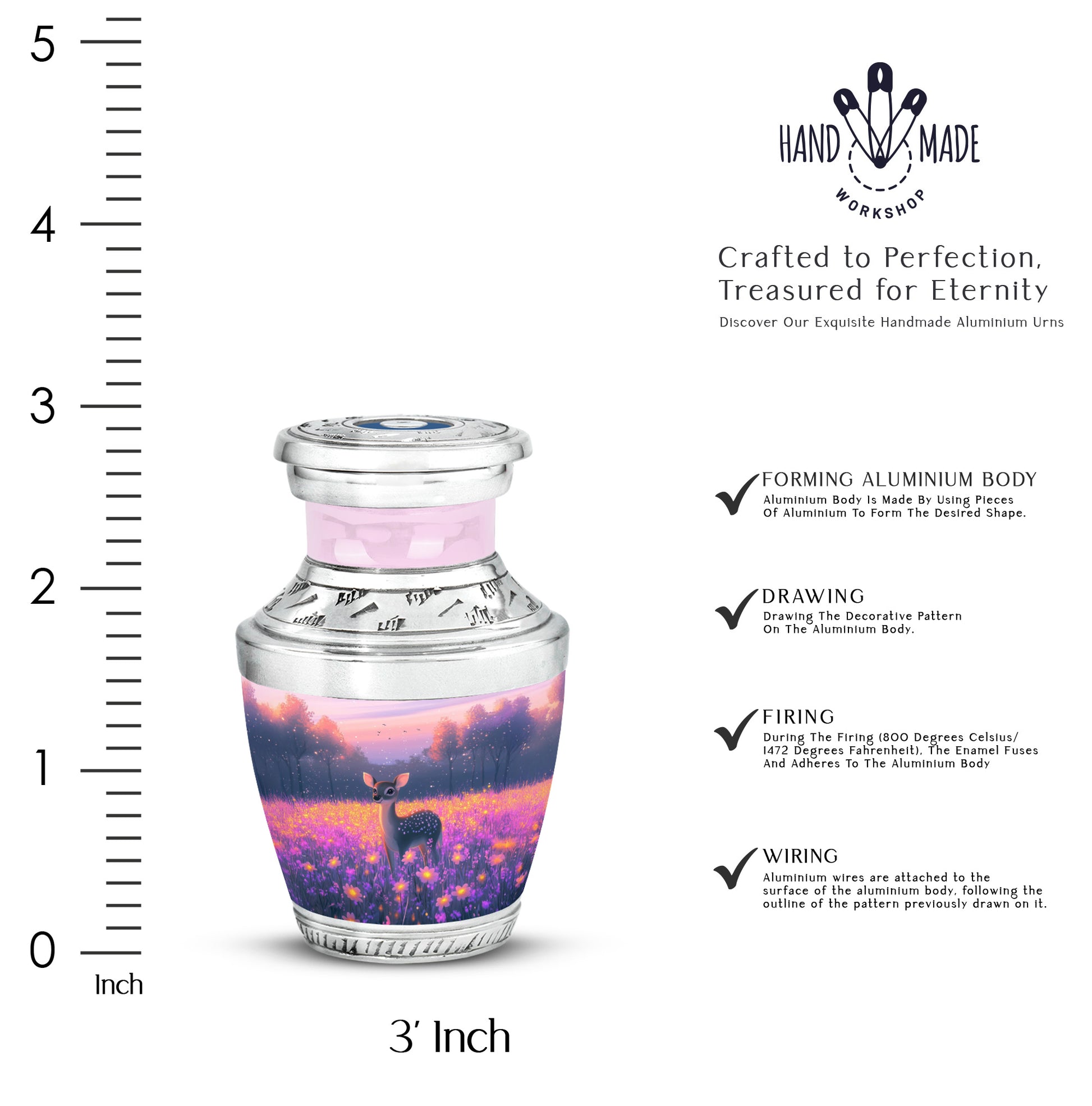 Pastel Pink Deer Cremation Urn top-down view of secure threaded lid - modern art-inspired deer motif on sleek aluminum - mini keepsake memorial for portion of cremation ashes