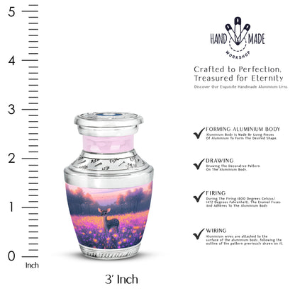Pastel Pink Deer Cremation Urn top-down view of secure threaded lid - modern art-inspired deer motif on sleek aluminum - mini keepsake memorial for portion of cremation ashes