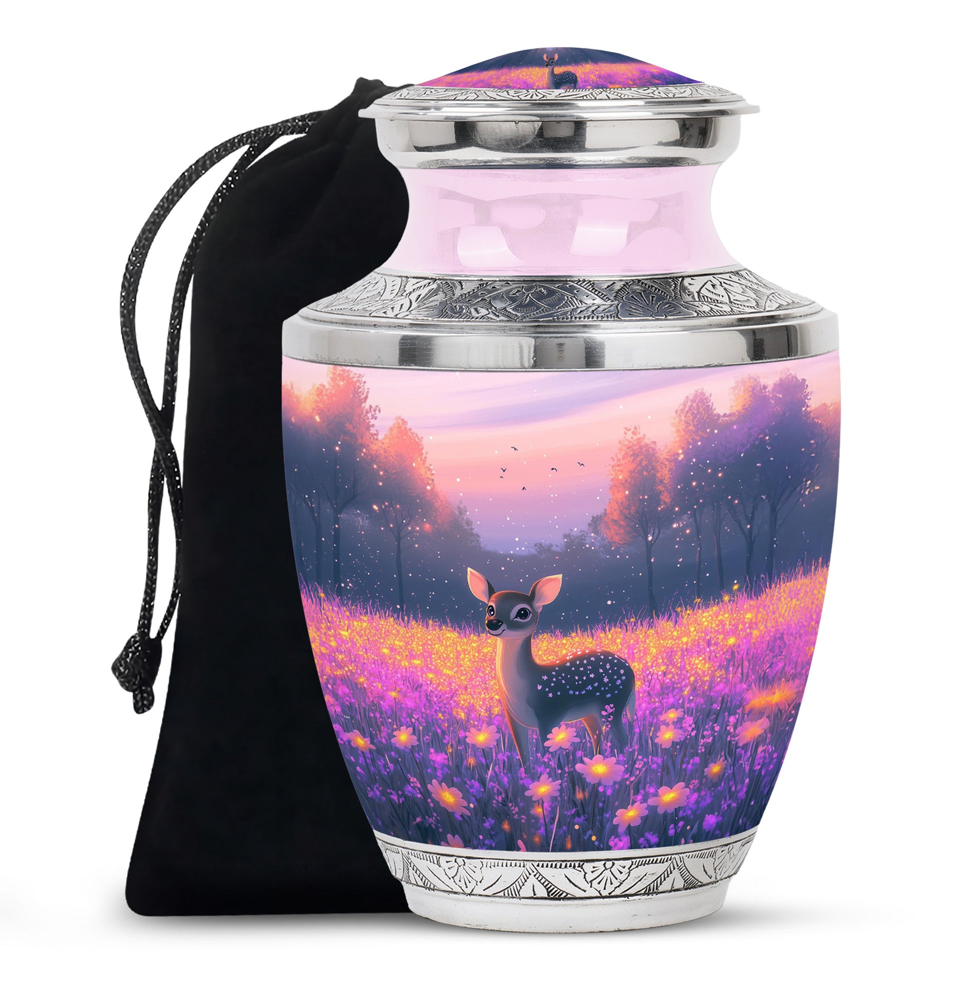 Vintage Pink Deer Cremation Urn side profile showing urn shape - stylized abstract deer pattern with bold lines - full-size 10 inch 200 cubic inch adult cremation urn