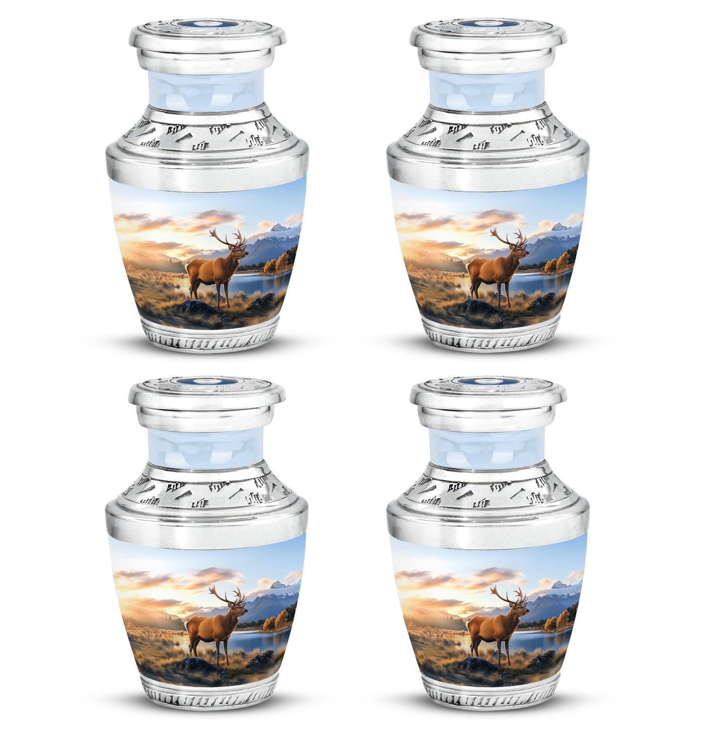 Icy Blue Deer Cremation Urn back view with polished surface - modern art-inspired deer motif on sleek aluminum - 10 inch aluminum urn for cremated remains
