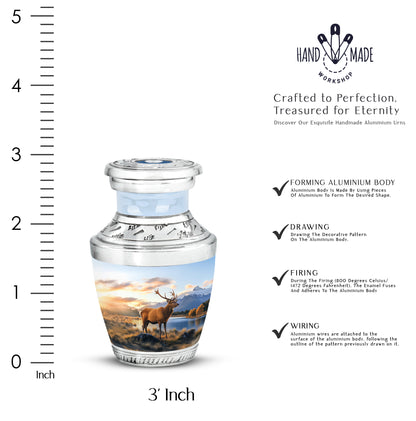 Bright Blue Deer Cremation Urn top-down view of secure threaded lid - stylized abstract deer pattern with bold lines - mini keepsake memorial for portion of cremation ashes